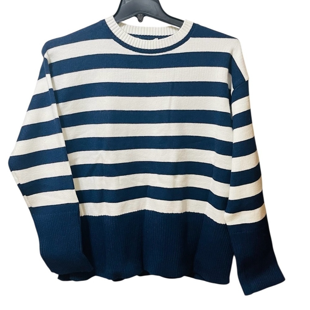 Vigoss Blue White Stripe Side Slit Nautical Preppy Sweater sz L NWT